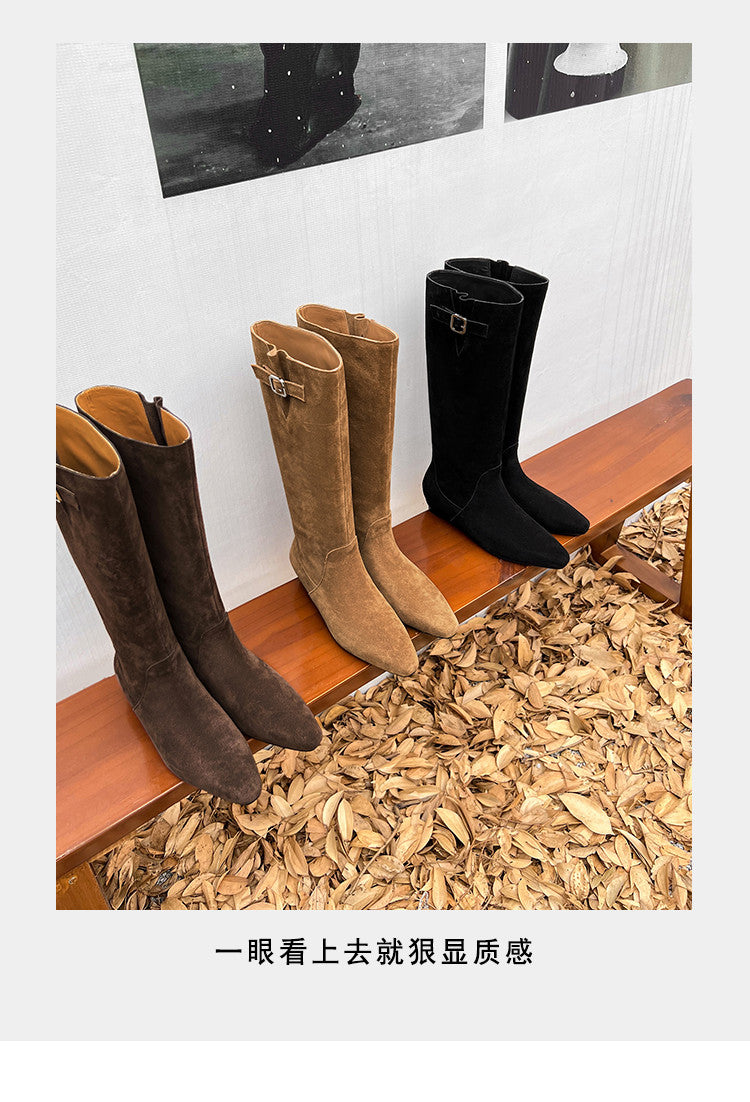 Karin Luna In Stock Spot Goods Vintage Cowhide Leather Chunky Heel Height Increasing Long Boots
