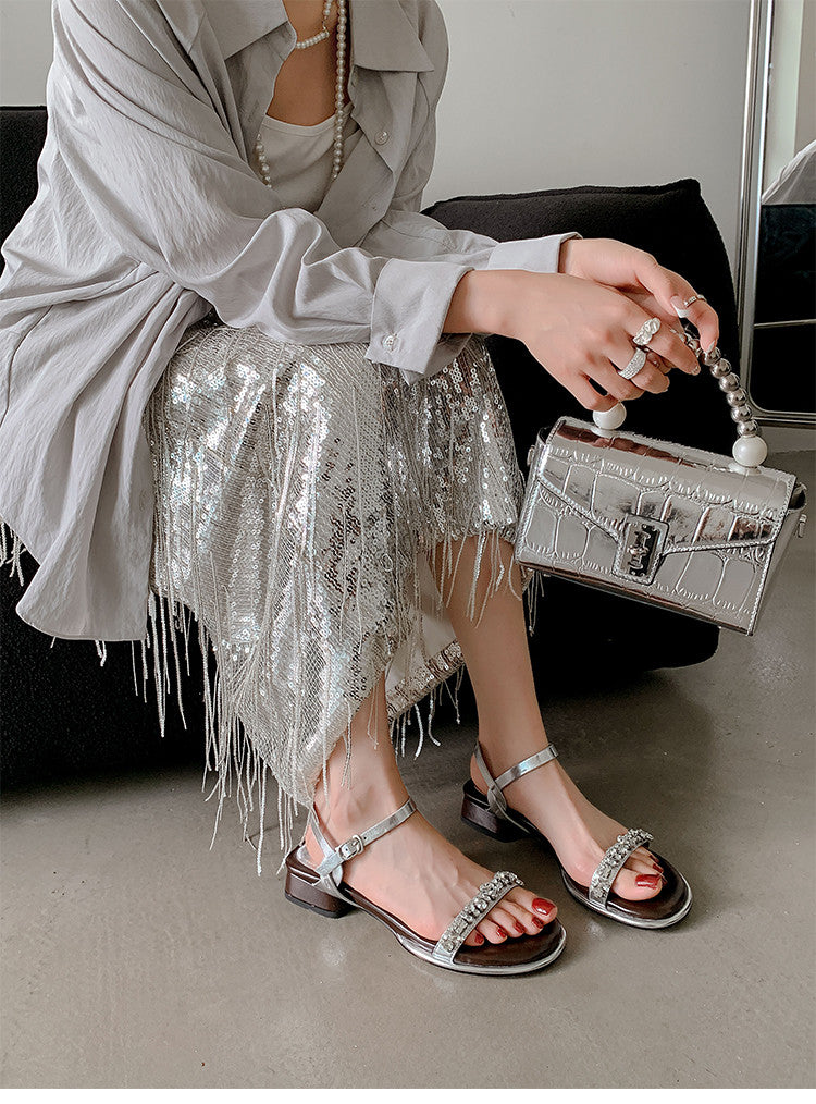 Karin Luna In Stock In Stock  Rhinestone Strap Round Toe Chunky Heel Sandals
