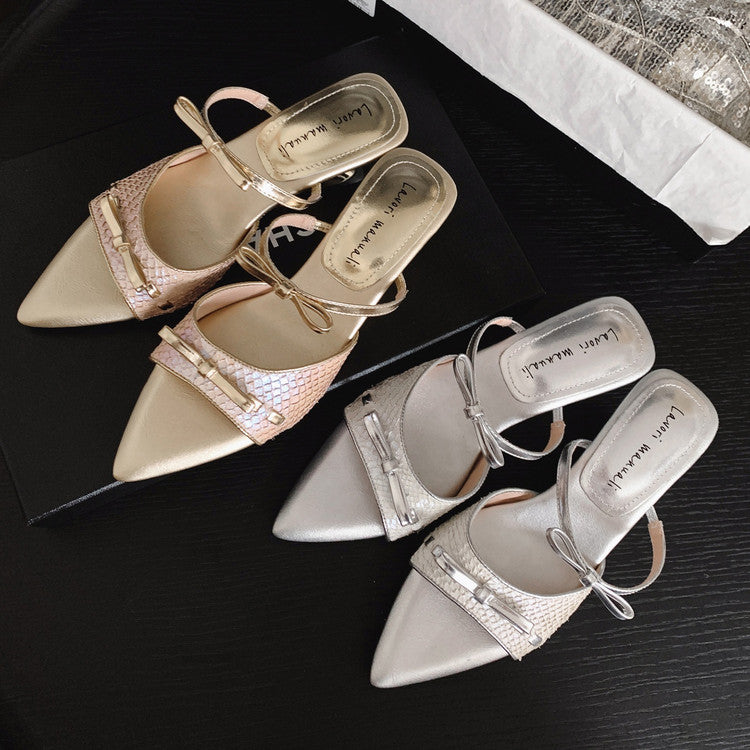 Karin Luna Fish Skin Series~Pointed Toe Irregular Heel Bowknot Strap Slippers