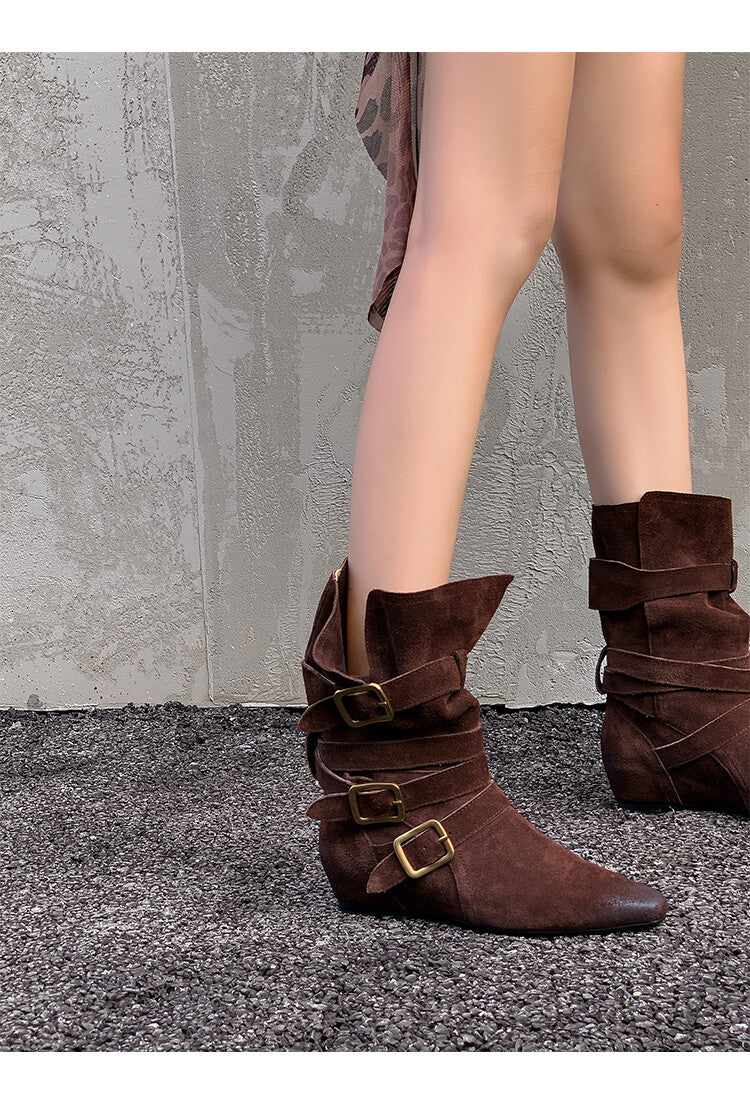 Karin Luna Cow Leather Small Square Toe Belt Buckle Fashion Boots