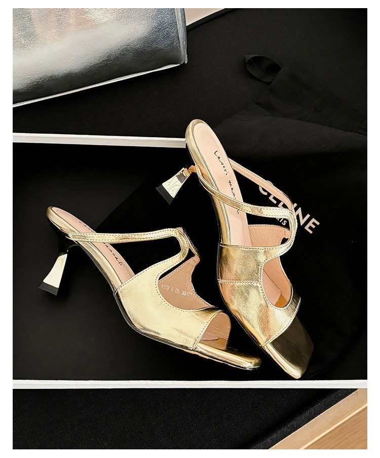 Karin Luna French Retro Square Toe Wrap Strap Open-Toe Slippers