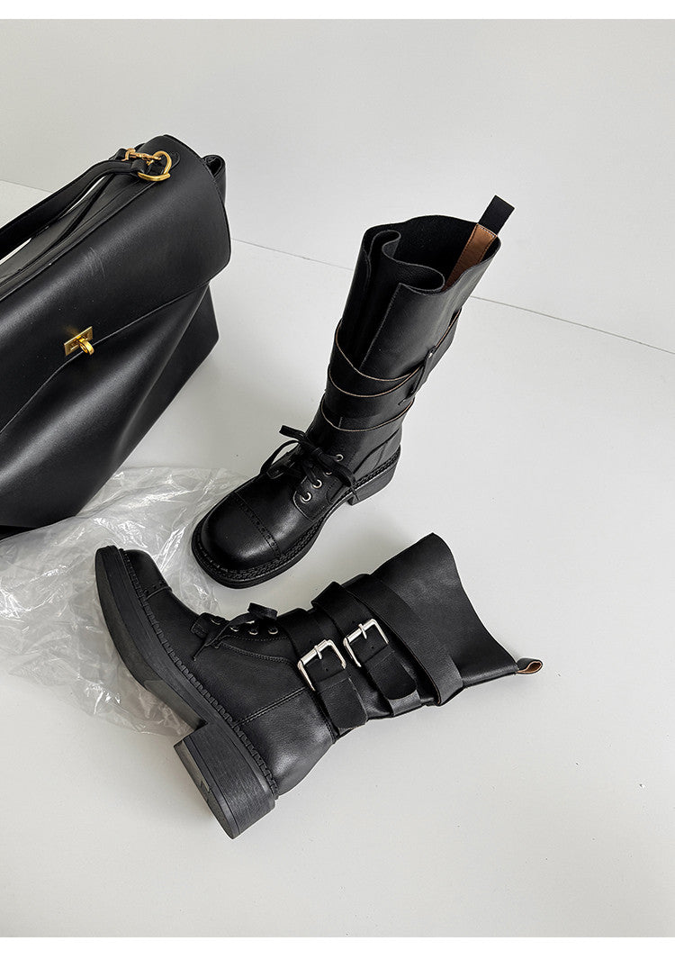 Karin Luna Bestseller Hot-Selling Large Tube Leather Belt Buckle Round Toe Thick-Soled Short Boots