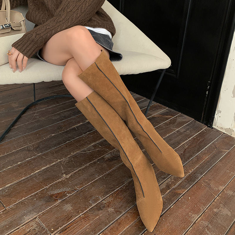 Karin Luna In Stock Spot Goods Retro Cowhide Pointed Toe Stiletto Elegant Long Boots