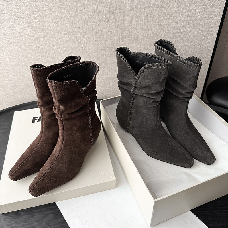 Karin Luna Elegant Style Small Square Toe Pleated Short Boots