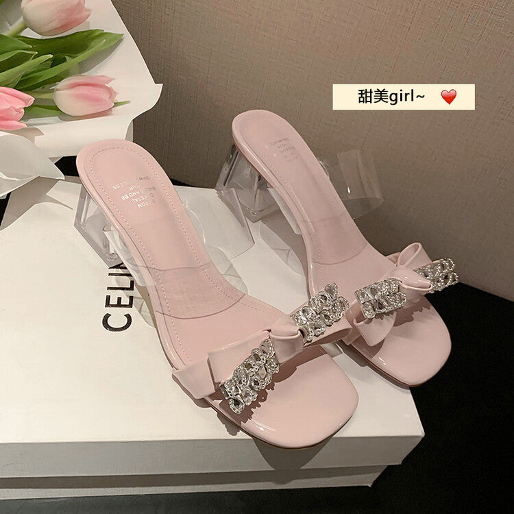 Karin Luna In Stock Summer New It's clearly a model with high traffic Rhinestone Flower Bow Crystal Heel Slippers