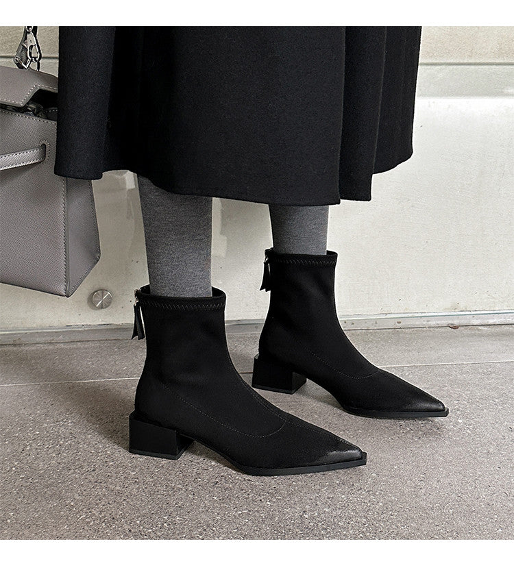 Karin Luna In Stock In Stock Elastic Slim Pointed Toe Chunky Heel Basic Ankle Boots
