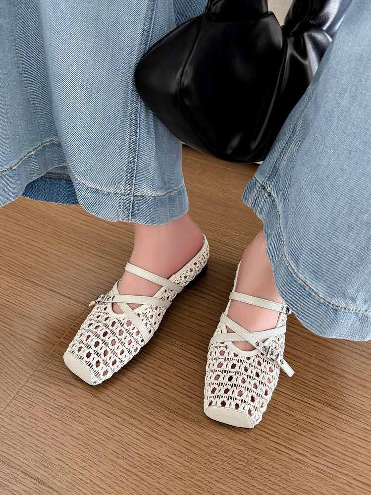Karin Luna In Stock Spot Goods  Hot-Selling Square-Toe Woven Pig Nose Closed-Toe Slippers