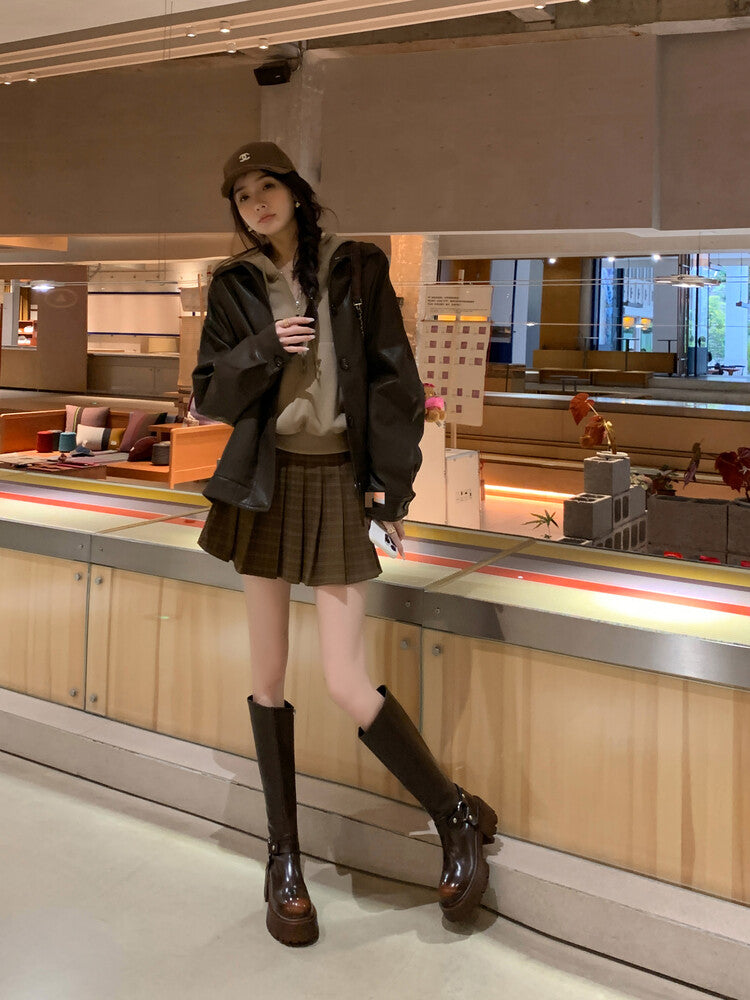 Karin Luna In Stock In Stock Slimming Diagonal Cut Tube Top  Best-selling in stock Retro Metal Buckle Thick-Soled Long Boots