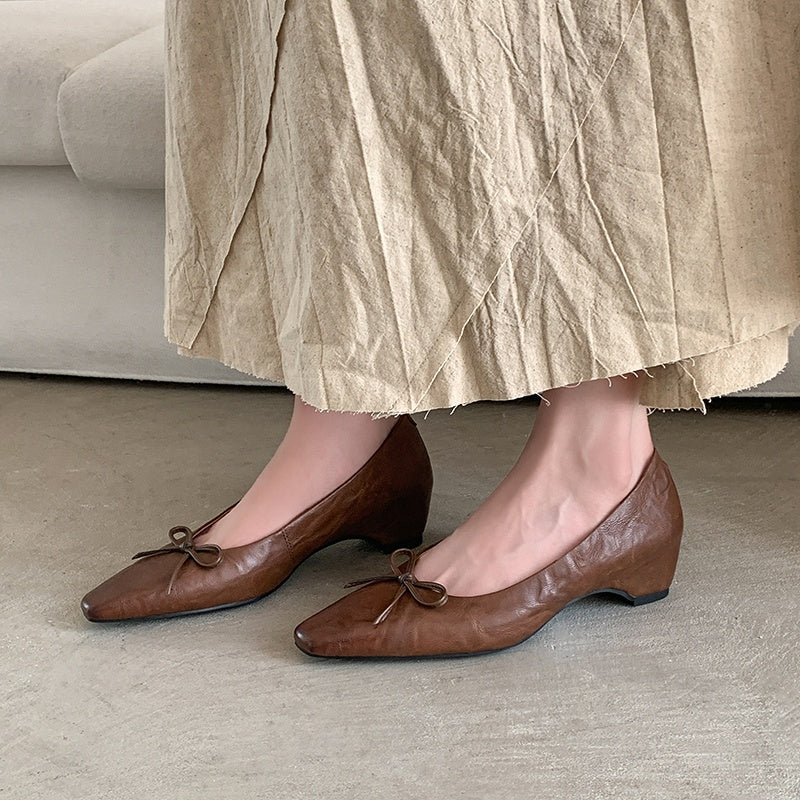 Karin Luna Full Layer Inside and Out~Basic Versatile Small Square Toe Butterfly Knot Irregular Heel Single Shoes