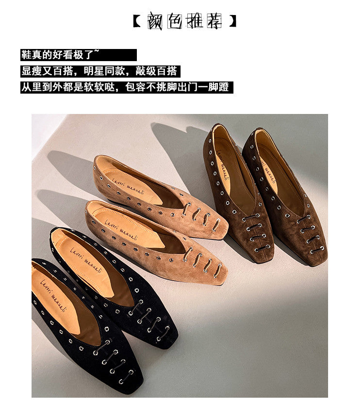 Karin Luna In Stock Spot Goods    Old Money Style Square Toe Suede Flats