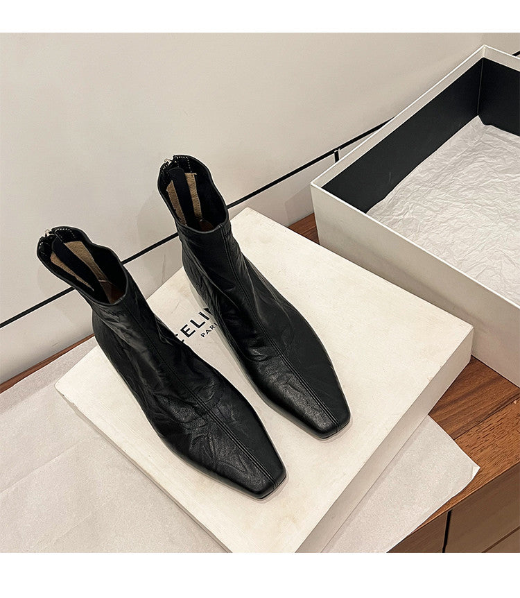 Karin Luna In Stock Spot Goods Slim Series  Hidden Wedge Small Square Toe Back Zipper Short Boots