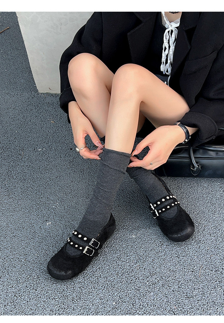 Karin Luna Hot Item Hot Item Punk Style One-Strap Round-Toe Suede Leather Height-Increasing Flats