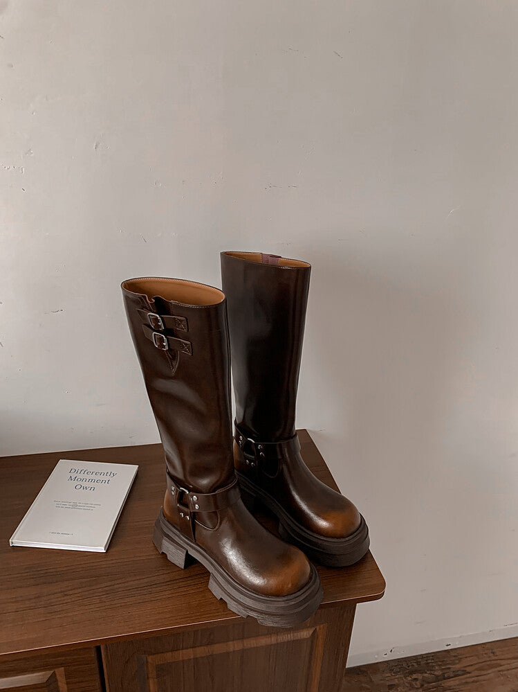 Karin Luna Full Cowhide  miumiu Popular Round Toe Thick Sole Beautiful and height-increasing