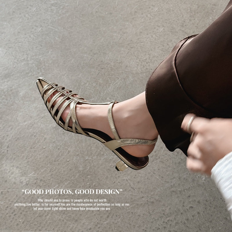 Karin Luna French Hollow Toe Metal Heel Elegant Sandals