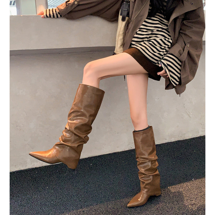 Karin Luna Elegant Style Pointed Toe Hidden Wedge Long Boots
