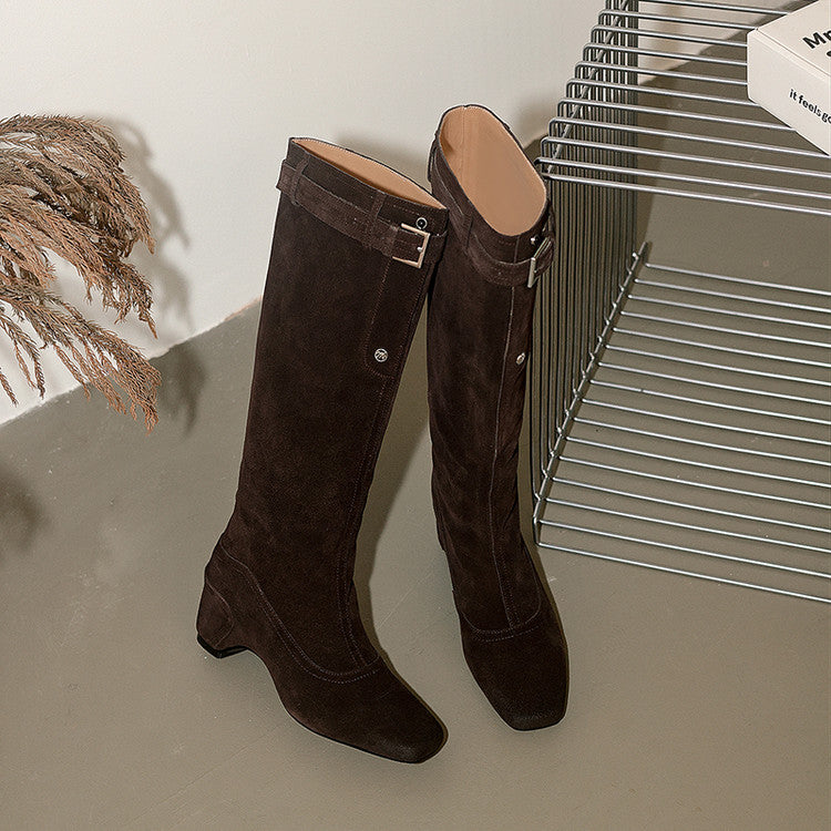 Karin Luna Belt Buckle Elegant Chunky Heel Suede Western Boots
