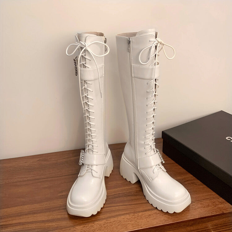 Karin Luna In Stock Spot Goods Bestselling Extended Version Rhinestone Square Buckle Thick Sole Lace-up Thick Sole Full Cowhide Knight Boots