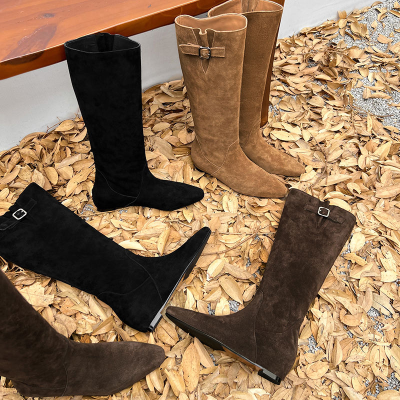 Karin Luna In Stock Spot Goods Vintage Cowhide Leather Chunky Heel Height Increasing Long Boots