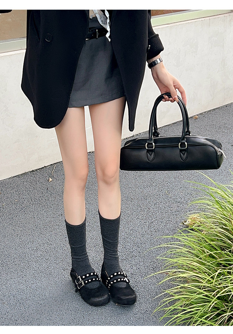 Karin Luna Hot Item Hot Item Punk Style One-Strap Round-Toe Suede Leather Height-Increasing Flats