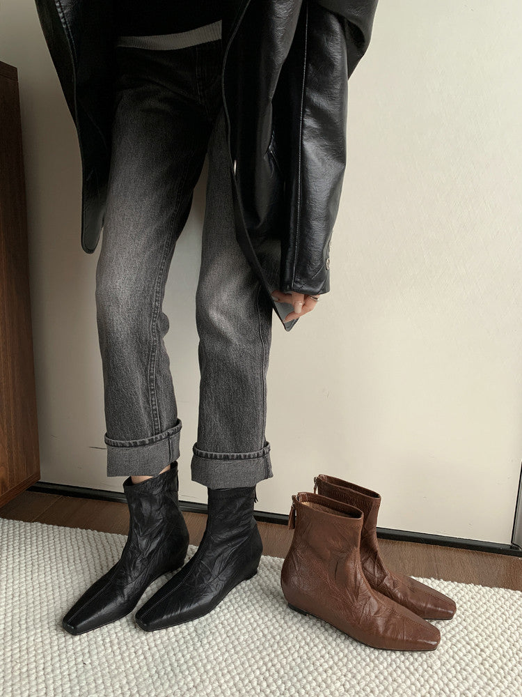 Karin Luna In Stock Spot Goods Slim Series  Hidden Wedge Small Square Toe Back Zipper Short Boots