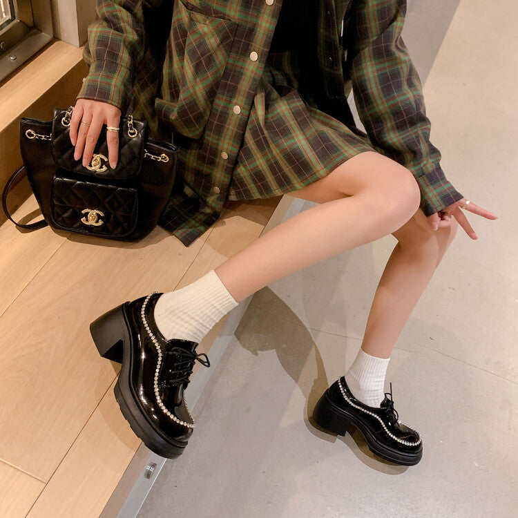 Karin Luna In Stock In Stock  Rhinestone Shoe Edge Trim Lace-up Thick Sole Loafers Best-selling in stock