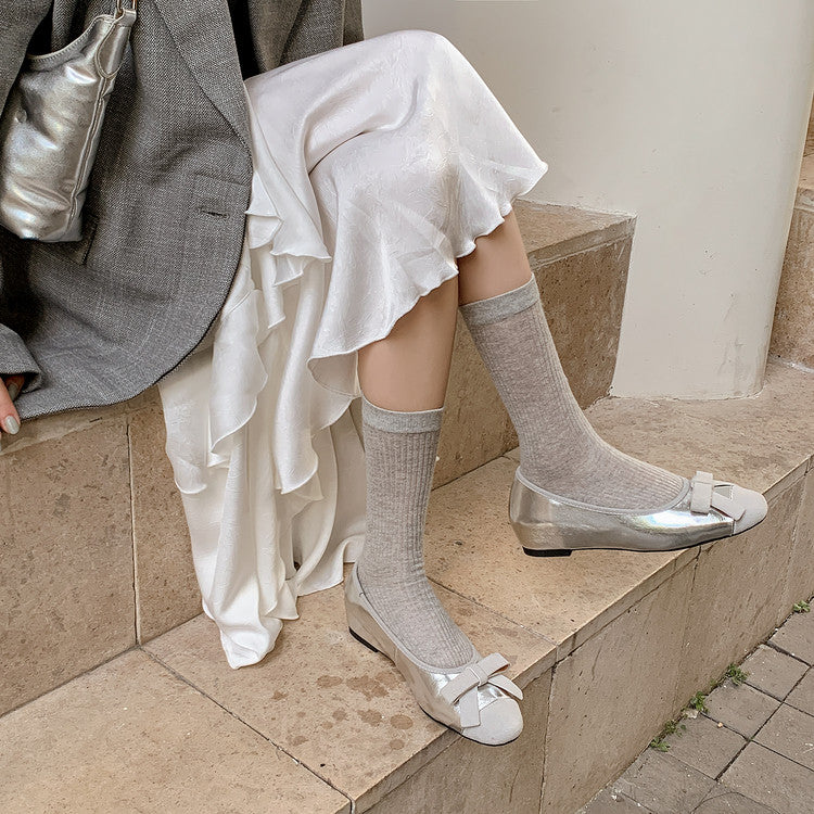 Karin Luna In Stock Spot Goods    Color Block Sweet Bowknot Hidden Wedge Shallow Mouth Flats