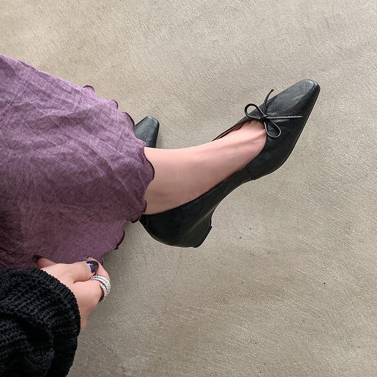 Karin Luna Full Layer Inside and Out~Basic Versatile Small Square Toe Butterfly Knot Irregular Heel Single Shoes