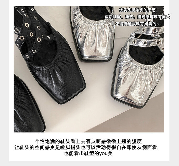 Karin Luna In Stock Spot Goods First Layer Sheepskin Cross Strap Rivet Square Toe Mary Jane Sandals