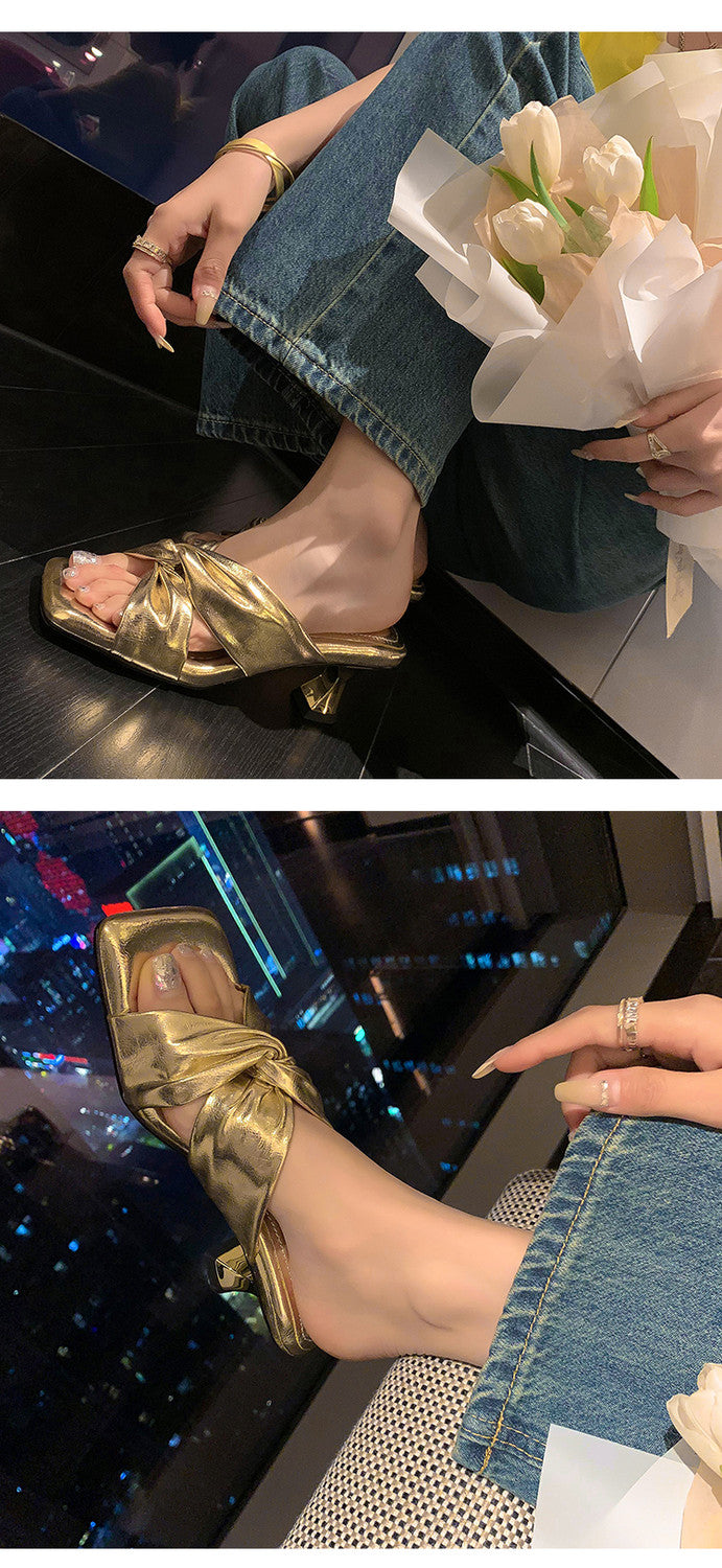 Karin Luna In Stock Spot Goods   Absolutely amazing4Color Cross Strap Thick Heel Square Toe Soft Slippers