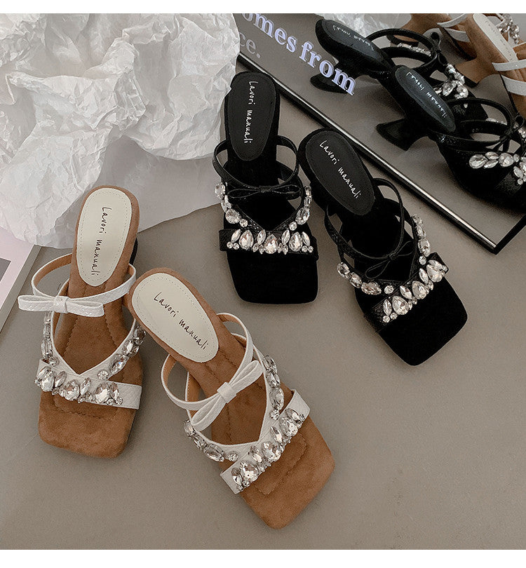 Karin Luna In Stock In Stock  Square Toe Rhinestone Bow Suede Slippers