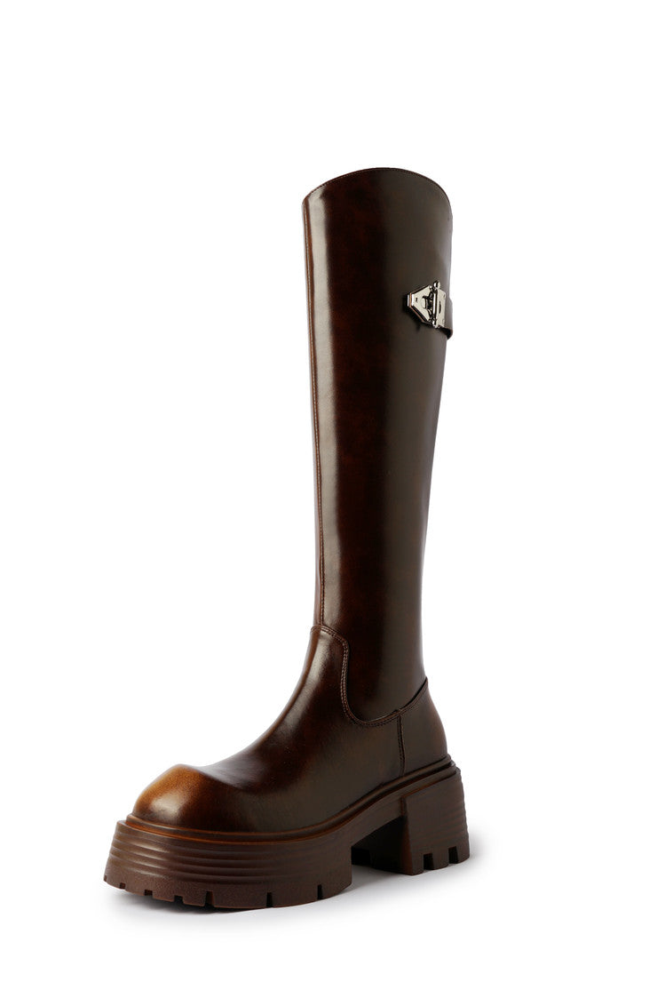 Karin Luna In Stock In Stock  Round Toe Thick Sole Belt Buckle Side Zipper Knight Boots