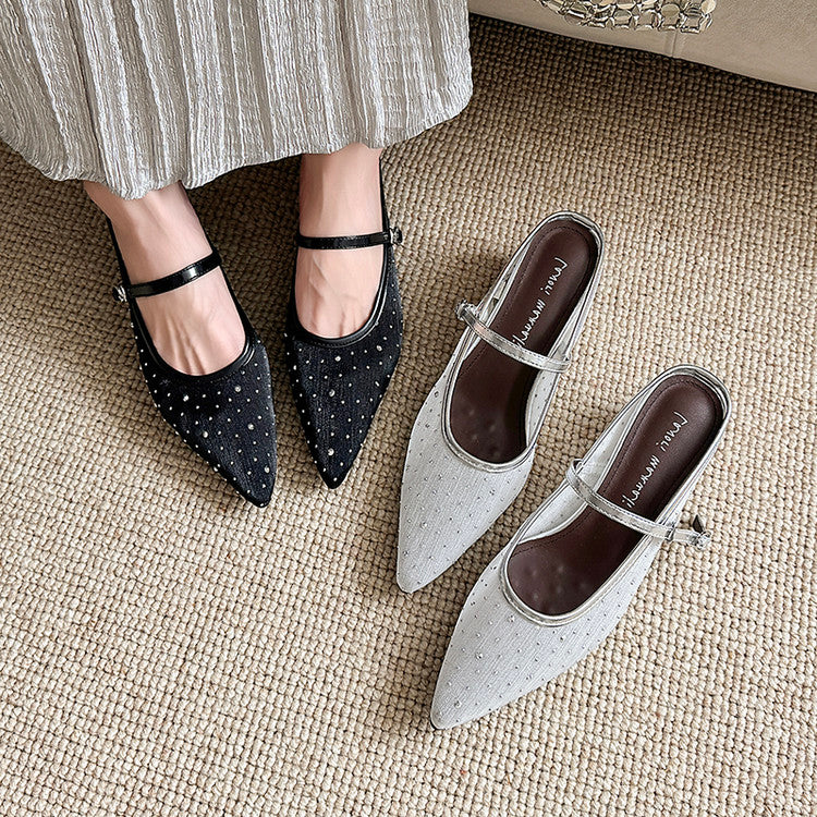 Karin Luna In Stock Spot Goods  Breathable Mesh Fabric Embellished Hand Drill Pointed Toe Slippers