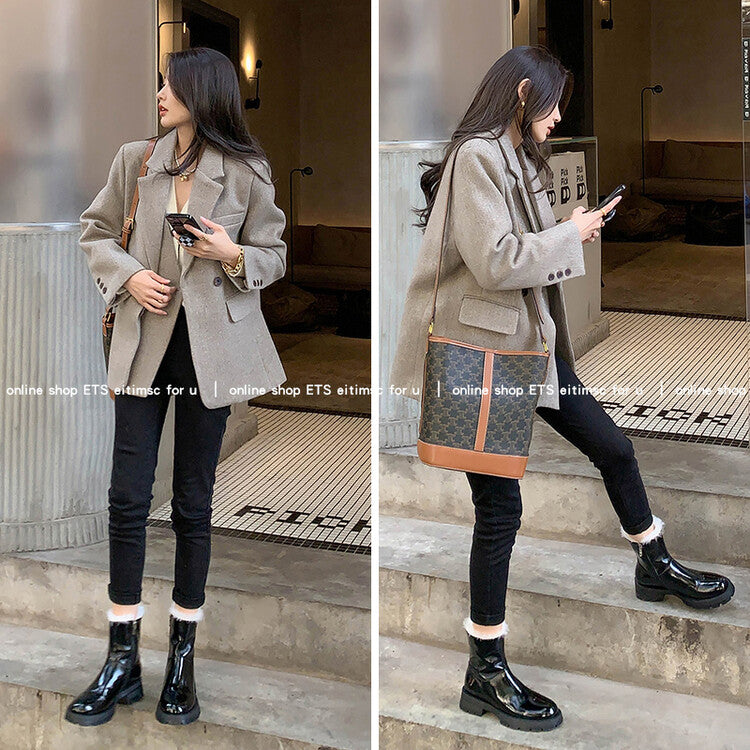 Karin Luna In Stock  Best-selling in stock Thickened Fleece Cow Patent Leather Hot-Selling Flat Short Boots