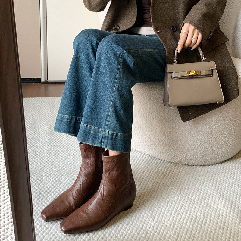 Karin Luna In Stock Spot Goods Slim Series  Hidden Wedge Small Square Toe Back Zipper Short Boots