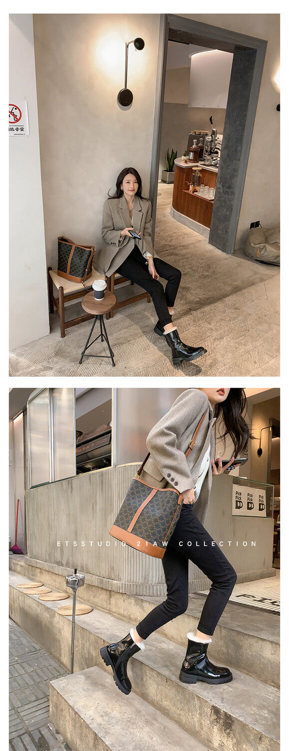 Karin Luna In Stock  Best-selling in stock Thickened Fleece Cow Patent Leather Hot-Selling Flat Short Boots