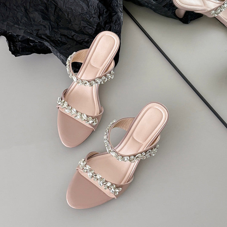 Karin Luna Exquisite Round Toe One-Strap Rhinestone Thin Heel Slippers
