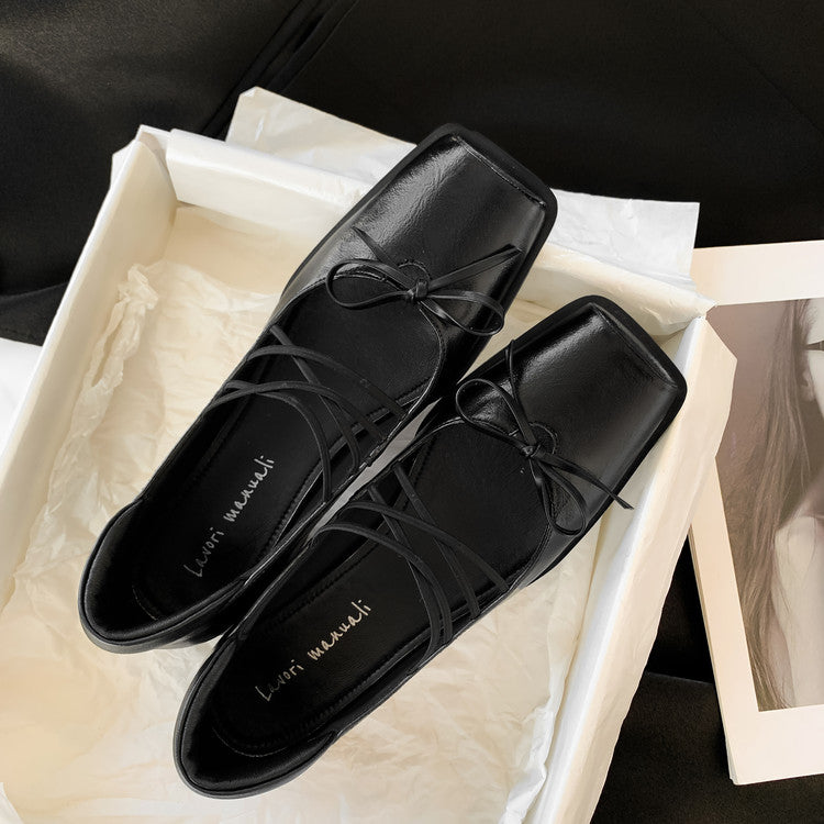 Karin Luna In Stock Spot Goods  Popular Self-flowing Bowknot Square Toe Chunky Heel Single Shoes