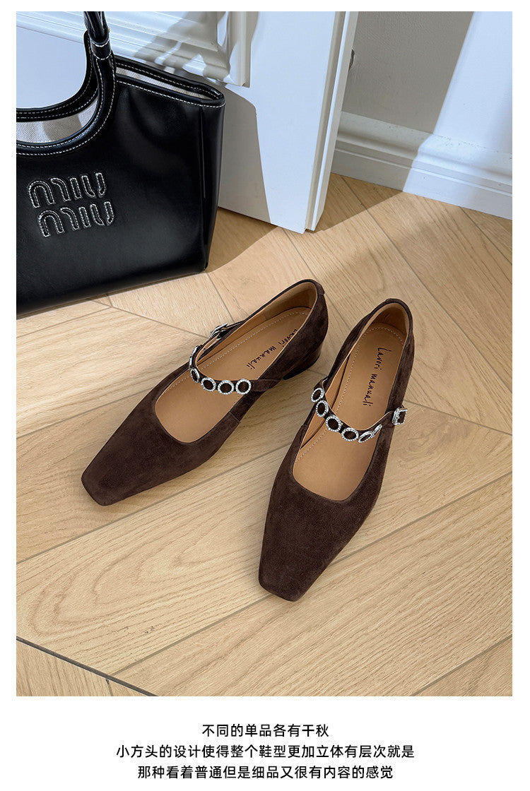 Karin Luna In Stock Spot Goods  Vintage Full Leather Square Toe Rhinestone Strap Shallow Mouth Single Shoes