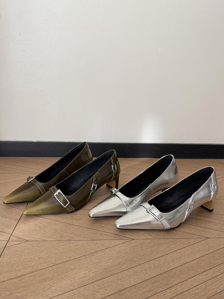 Karin Luna In Stock In Stock Retro Belt Buckle Small Square Toe Chunky Heel Single Shoes