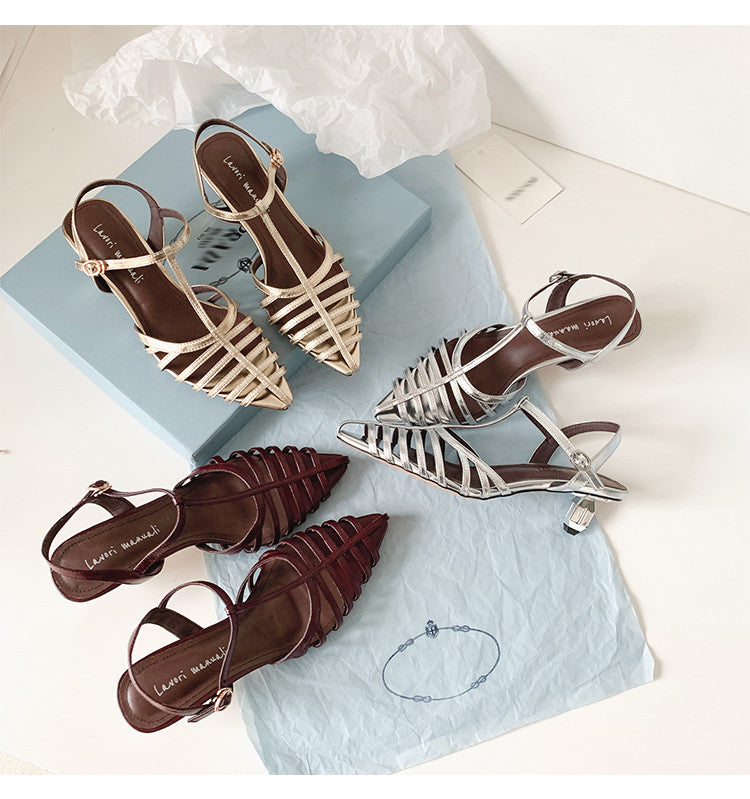 Karin Luna French Hollow Toe Metal Heel Elegant Sandals