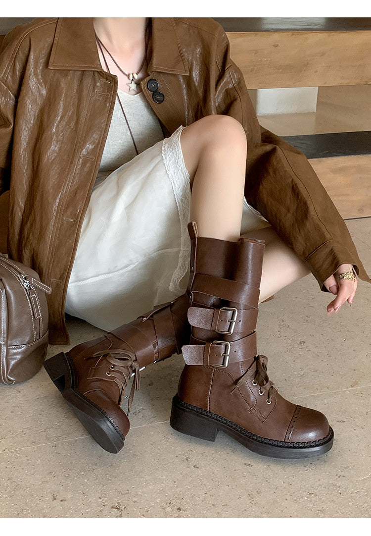 Karin Luna Bestseller Hot-Selling Large Tube Leather Belt Buckle Round Toe Thick-Soled Short Boots
