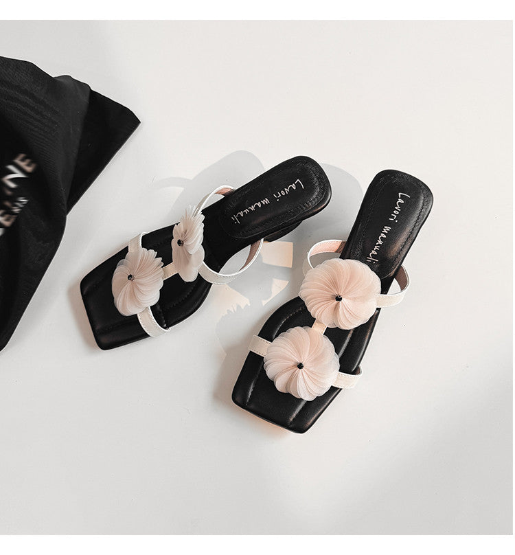 Karin Luna Hot-Selling Floral Square Toe Irregular Heel Floral Slippers