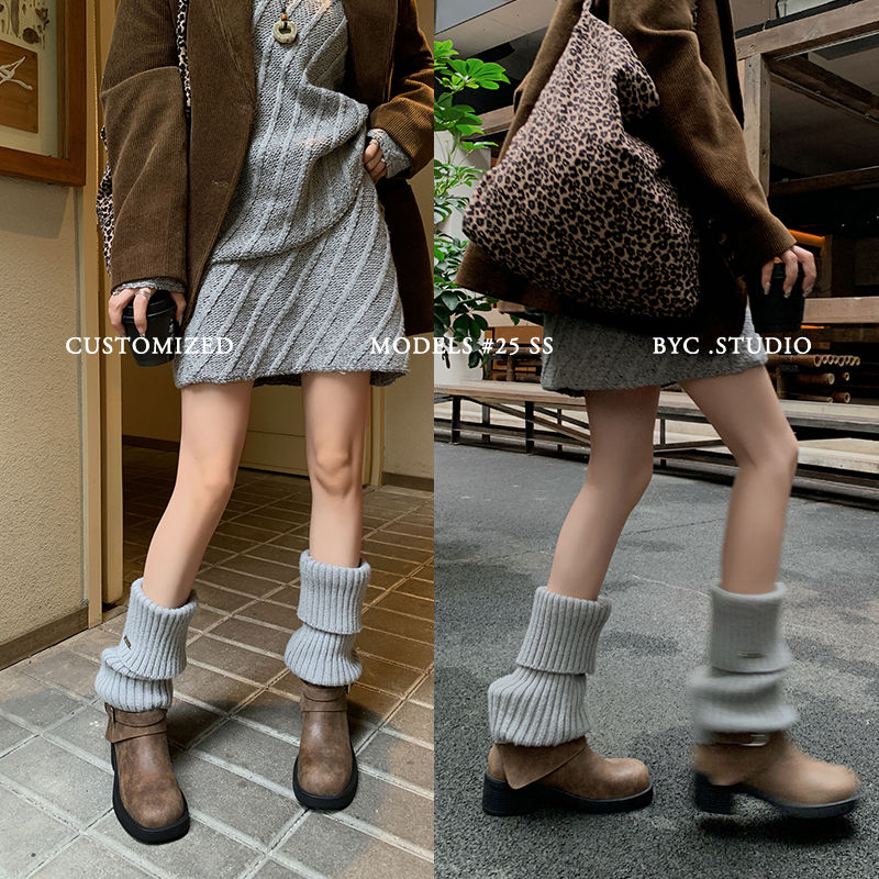 Karin Luna In Stock Spot Goods Versatile Basic Round Toe Belt Buckle Thick Sole Tube Boots