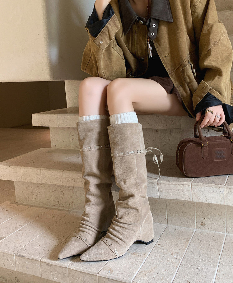 Karin Luna Elegant Style  Pointed Toe Pleated Hidden Wedge Western Boots
