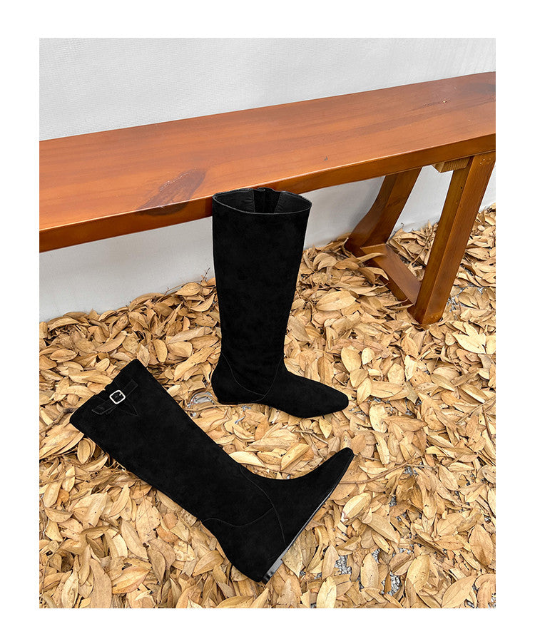 Karin Luna In Stock Spot Goods Vintage Cowhide Leather Chunky Heel Height Increasing Long Boots