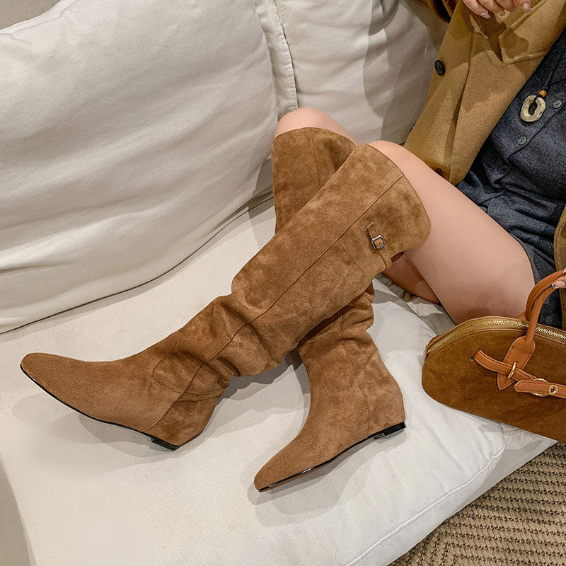 Karin Luna In Stock Spot Goods Vintage Cowhide Leather Two-Way Wear Pointed Toe Height-Increasing Long Boots