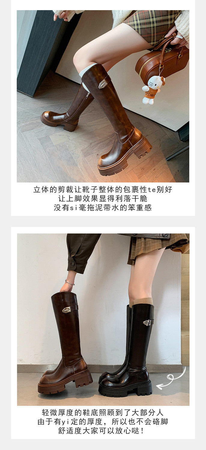Karin Luna In Stock In Stock  Round Toe Thick Sole Belt Buckle Side Zipper Knight Boots