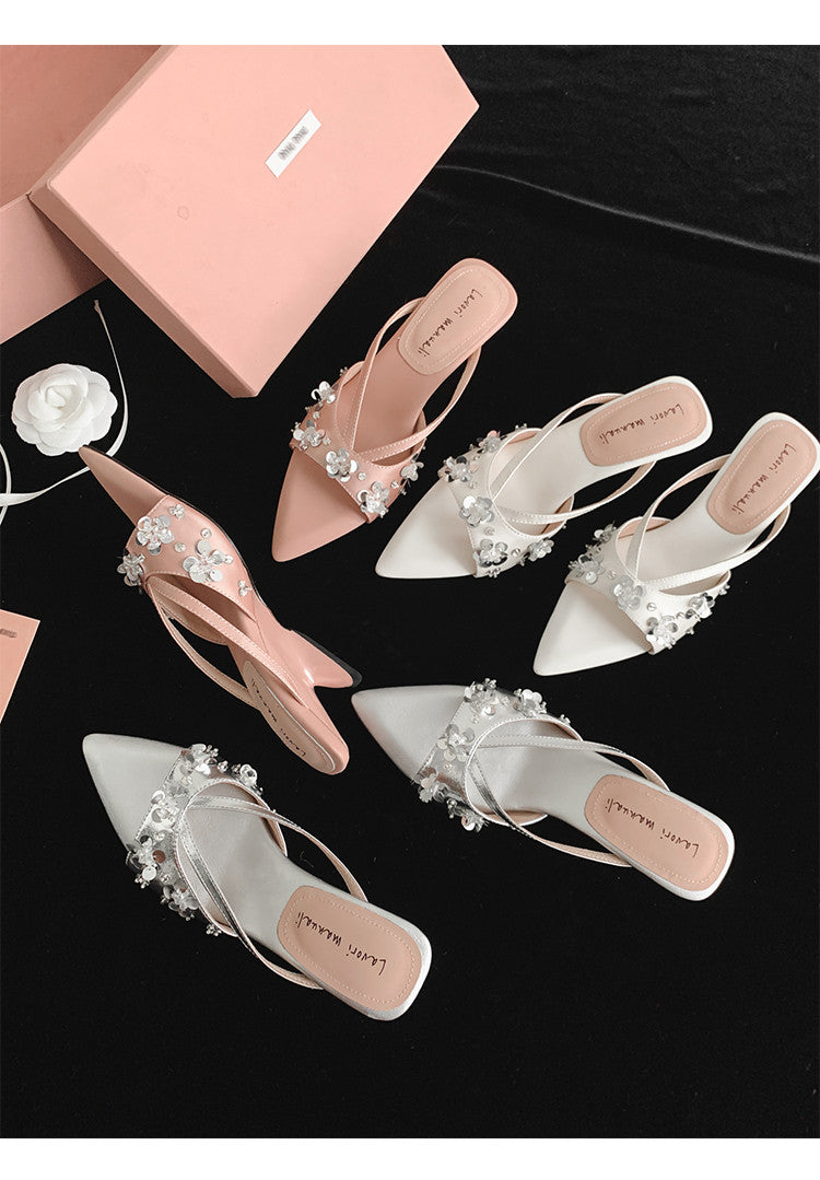 Karin Luna Bestseller Sequin Elements Elegant Pointed Toe Irregular Heel Slippers