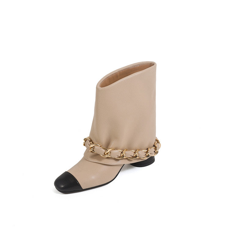 Karin Luna Classic Style Xiangjia Style Chunky Heel Chain Ankle Boots
