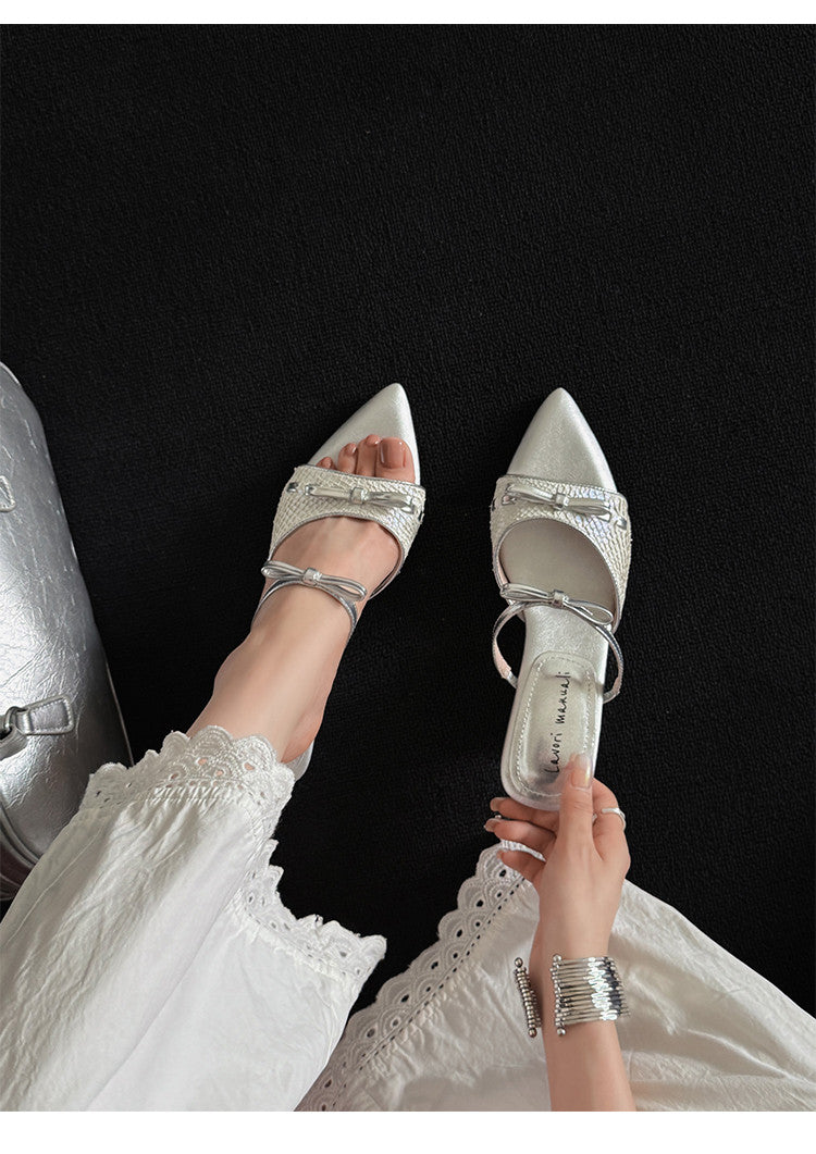 Karin Luna Fish Skin Series~Pointed Toe Irregular Heel Bowknot Strap Slippers